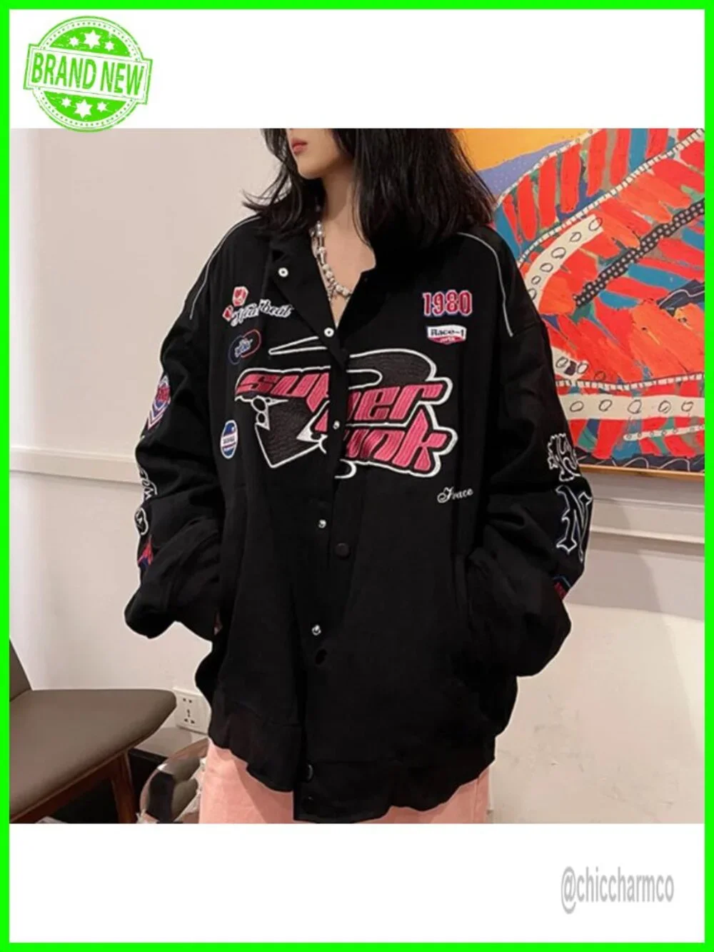 Women Button Varsity Jacket Harajuku Vintage College Baseball Bomber Coat Y2K